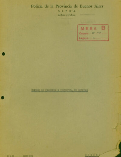 Carátula del legajo del Centro de comercio e industria de Escobar. CPM- Fondo DIPPBA- Div. Cen. AyF, Mesa B, carpeta 39c, legajo 3. Año 1961.