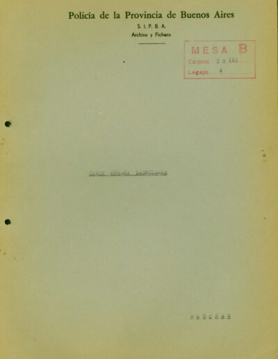 Carátula del legajo de la Unión Obrera Ladrillera. CPM- Fondo DIPPBA- Div. Cen. AyF, Mesa B, carpeta 39c, legajo 4. Año 1960.