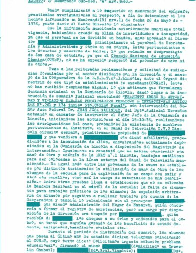 Informe de Inteligencia del Legajo de Mesa DS sobre investigación E.n.e.t. Nº 1 de Lincoln. CPM- Fondo DIPPBA- Div. Cen. AyF, Mesa DS, Factor Varios, Legajo 7186. Año 1976.