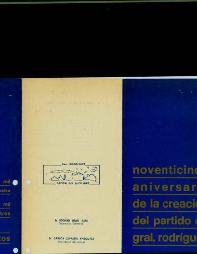 Programa de los festejos del 95° aniversario de la creación del partido de General Rodríguez. CPM- Fondo DIPPBA- Div. Cen. AyF, Mesa A, Factor político, Carpeta 9, Legajo 48. Año 1973