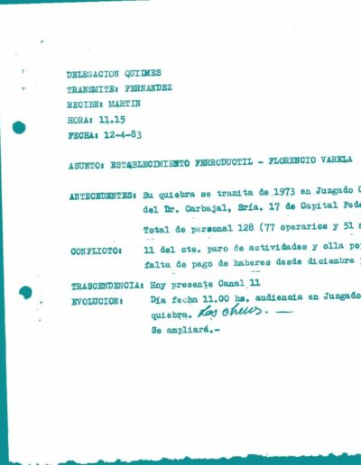 Informe de inteligencia sobre el paro de actividades en la fábrica Ferroductil por falta de pago. CPM- Fondo DIPPBA- Div. Cen. AyF, Mesa B, Factor Gremial, carpeta 42, legajo 27. Año 1983.