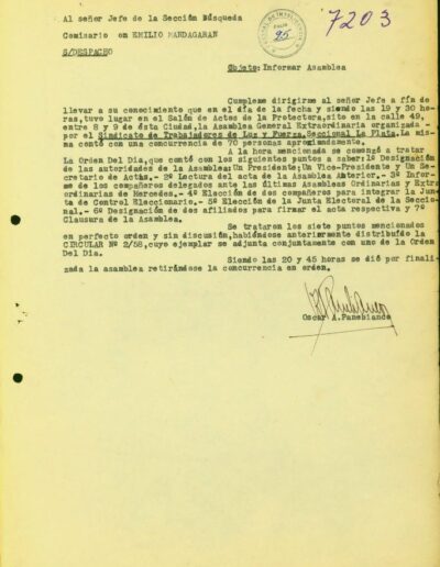 Informe de inteligencia sobre Asamblea de trabajadores de Luz y Fuerza. CPM- Fondo DIPPBA- Div. Cen. AyF. Mesa B, carpeta 79, legajo 3. Año 1958.