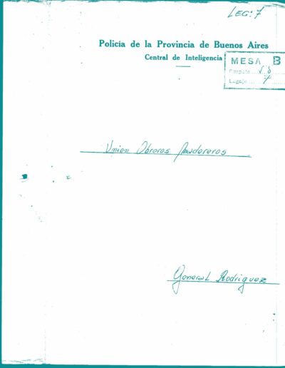 Carátula del legajo de la Unión de Obreros Madereros. CPM – Fondo DIPPBA- Div. Cen. AyF, Mesa B, Factor Gremial, Carpeta 58, Legajo 7.