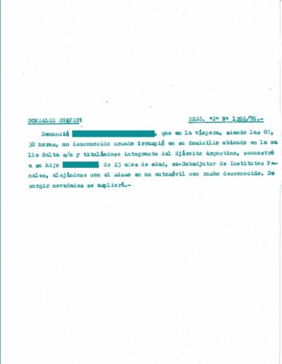 Informe de inteligencia que relata denuncia de secuestro. CPM- Fondo DIPPBA- Div. Cen. AyF, Mesa DS, Carpeta Varios, legajo 5512. Año 1976.