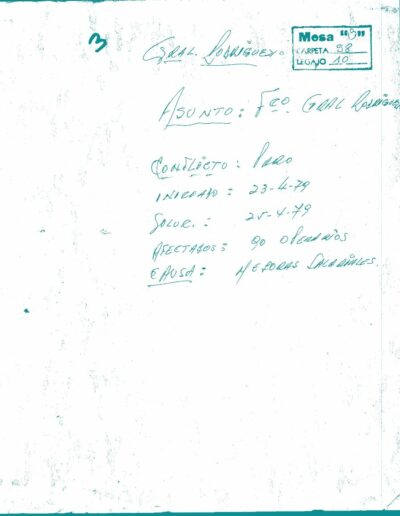 Carátula de legajo sobre situación gremial en el Frigorífico General Rodríguez. CPM – Fondo DIPPBA- Div. Cen. AyF, Mesa B, Factor Gremial, Carpeta 58, Legajo 10. Año 1979.