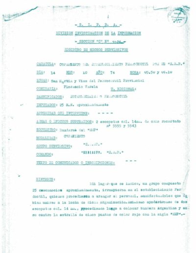Informe de inteligencia sobre copamiento del ERP en el establecimiento Ferroductil. CPM- Fondo DIPPBA- Div. Cen. AyF, Mesa, carpeta, legajo . Año 1974.