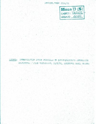 Carátula del legajo sobre “Investigación sobre anomalías en establecimiento secundario. Instituto Juan Elicagaray”. CPM- Fondo DIPPBA- Div. Cen. AyF, Mesa DS, Carpeta Varios, legajo 6050. Año 1976.