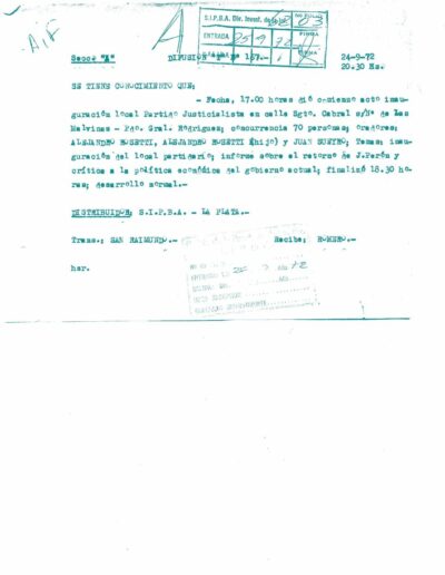 Informe de inteligencia sobre acto inaugural de la Unidad Básica en General Rodríguez- CPM- Fondo DIPPBA- Div. Cen. AyF, Mesa A, Factor político, Carpeta por Localidad, Legajo 1. Año 1972
