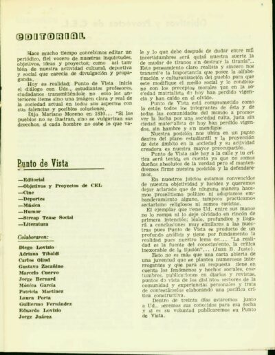 Publicación del Centro Estudiantes Linqueños: “Punto de vista”. CPM- Fondo DIPPBA- Div. Cen. AyF, Mesa A, factor estudiantil, Legajo 1. Año 1977.