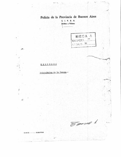 Carátula del legajo de Antecedentes comunales. CPM- Fondo DIPPBA- Div. Cen. AyF, Mesa A, Factor Político, Legajo 72, tomo 1. Año 1985.
