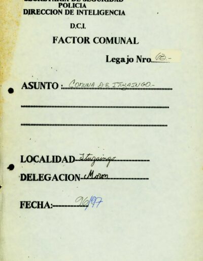 Carátula del legajo “Comuna de Ituzaingó”. CPM- Fondo DIPPBA – Div. Cen. AyF, Material sin Mesa, Factor Comunal, Legajo 63. Años 1996/1997.