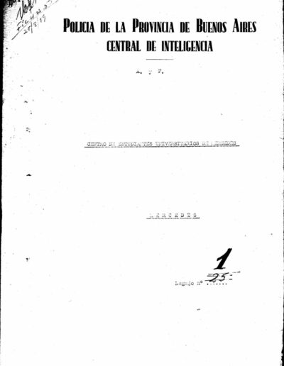Carátula del legajo del Centro de Estudiantes Universitario de Mercedes. CPM- Fondo DIPPBA- Div. Cen. AyF, Mesa A, factor estudiantil, legajo 1. Año 1958.