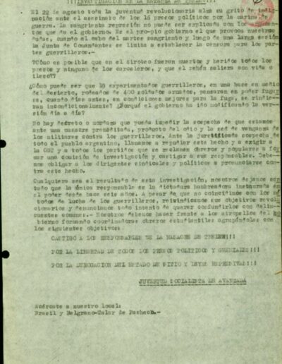 Panfleto de la Juventud Socialista: “investigación en la Matanza de Trelew” . CPM- Fondo DIPPBA – Div. Cen. AyF, Mesa A, factor Estudiantil. Legajo 1. Año 1972.
