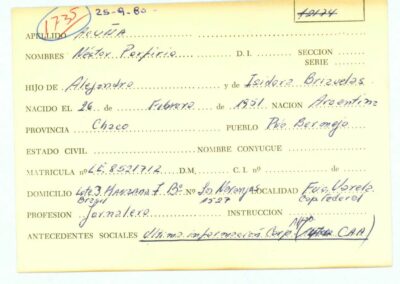 Ficha de Acuña Néstor Porfirio. CPM- Fondo DIPPBA- Div. Cen. AyF, fichero onomástico. Año 1980.
