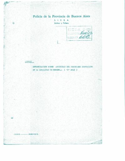 Carátula del Legajo de Mesa DS, sobre el “peronismo subversivo”. CPM- Fondo DIPPBA- Div. Cen. AyF, Mesa DS, Legajo 662.
