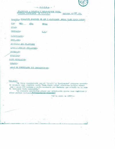 Comunicación sobre posible operativo conjunto de ERP y Montoneros en la Base Punta Indio. CPM- Fondo DIPPBA – Div. Cen. AyF, Mesa Ds, Carpeta Varios, Legajo 2944. Año 1975