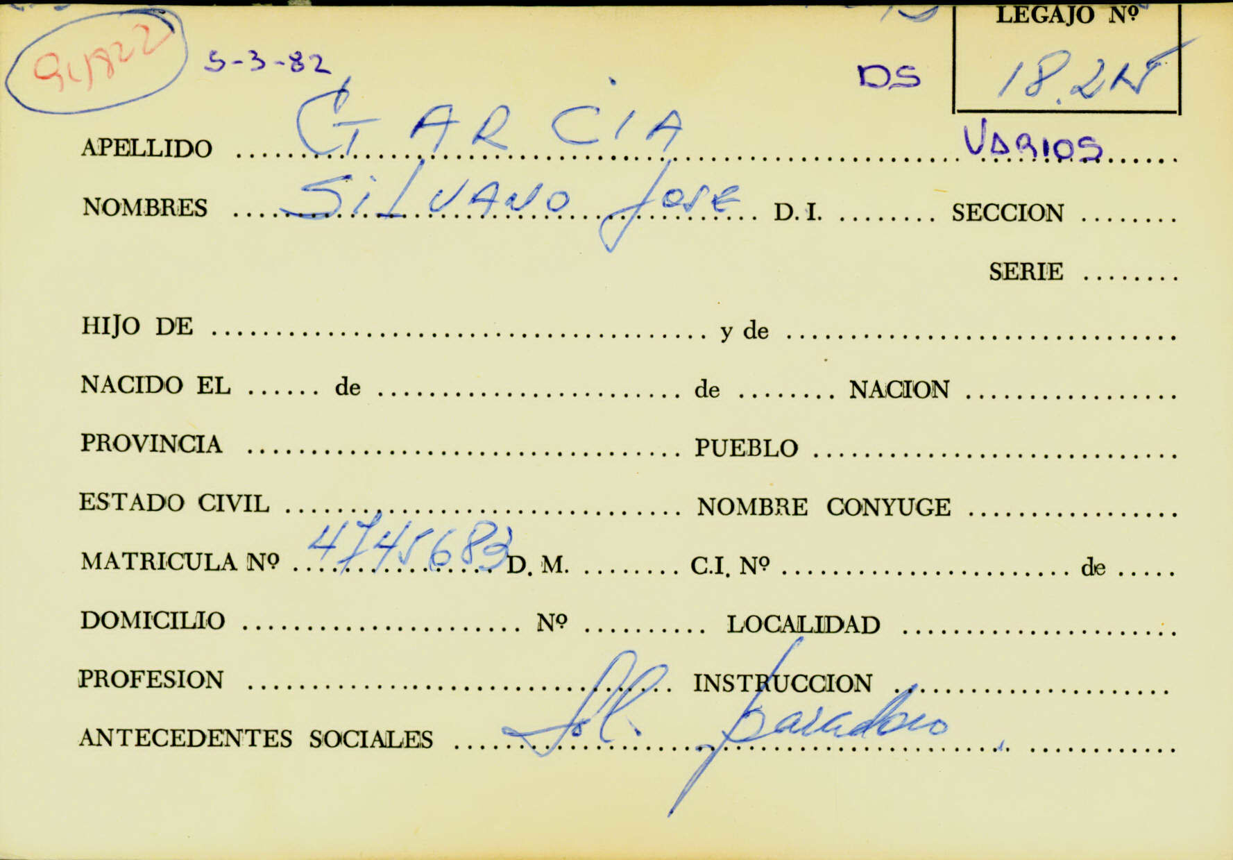 Ficha de García Silvano José que remite al legajo Mesa Ds 18215. CPM-Fondo DIPPBA- Div. Cen AyF, fichero onomástico. Año 1982.
