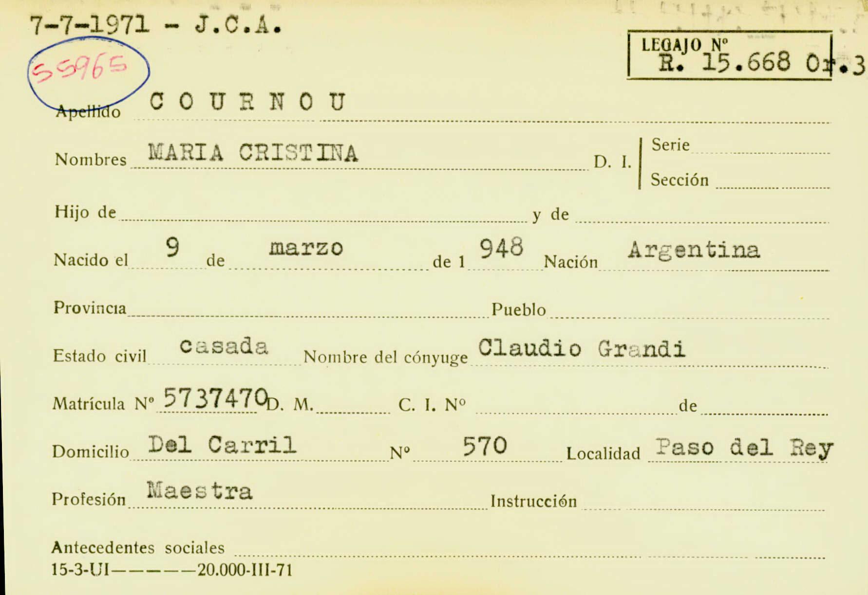 Ficha personal de María Cristina Cournou, que remite al legajo Mesa Referencia 15668–. CPM. Fondo DIPPBA Div. Cen. AyF, Fichero onomástico. 1971. 