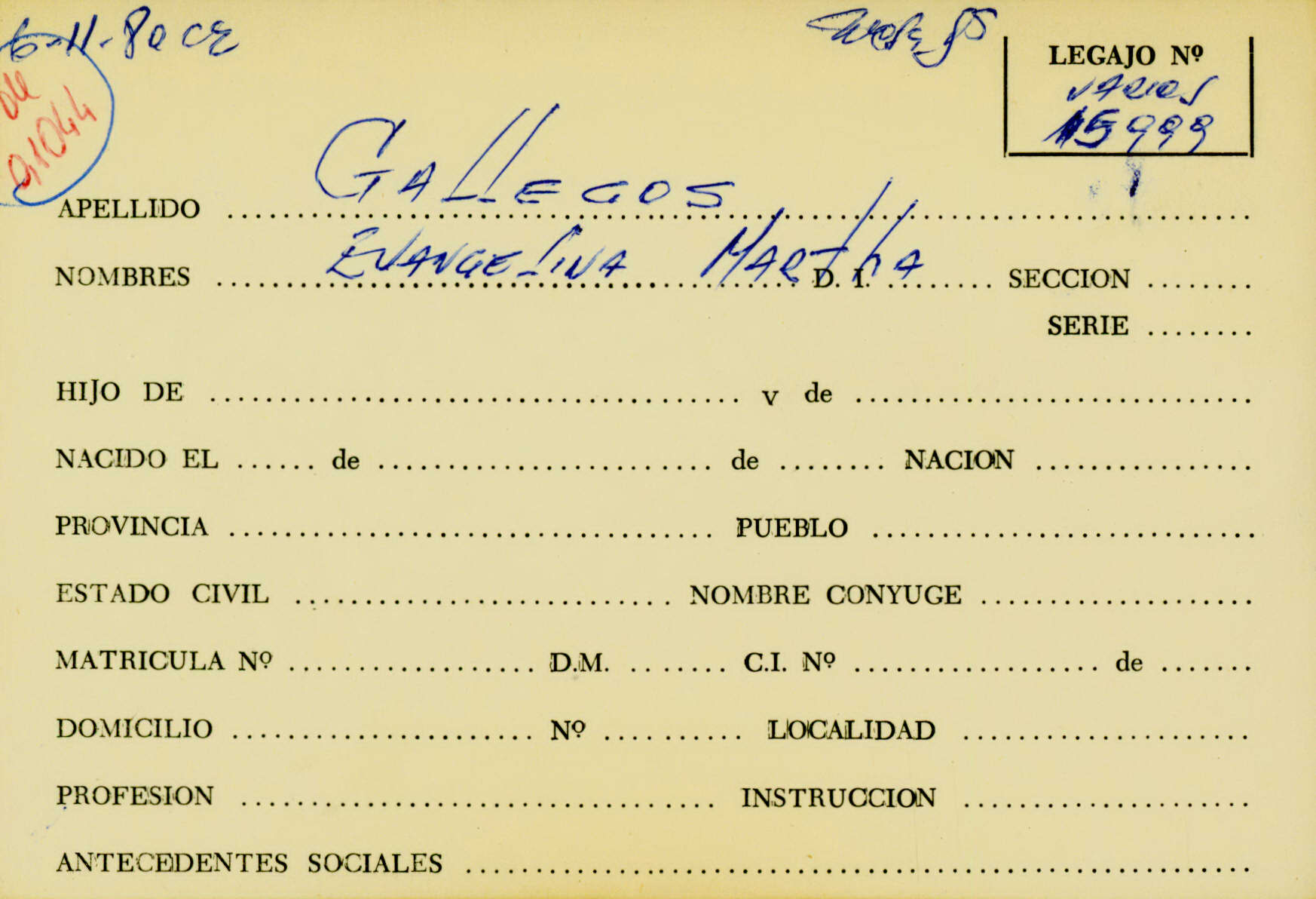 Ficha de Gallegos Evangelina Martha que remite al legajo Mesa Ds 15999. CPM-Fondo DIPPBA- Div. Cen AyF, fichero onomástico. Año 1980.