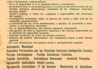 Volantes firmados por diversas personalidades y organizaciones contra las medidas impulsadas por el gobierno del presidente Raúl Alfonsín para beneficiar a los militares responsables del terrorismo de Estado. Año 1986.