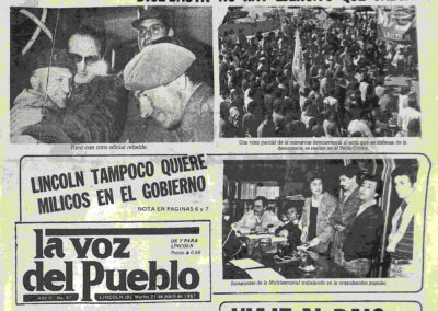 Tapa del periódico local La Voz del Pueblo que muestra una importante movilización popular en contra de la “Rebelión Carapintada” de Semana Santa. 21 de abril de 1987.
