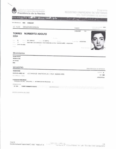 Ficha del RUVTE (registro único de víctimas del terrorismo de estado) de Norberto Torres.